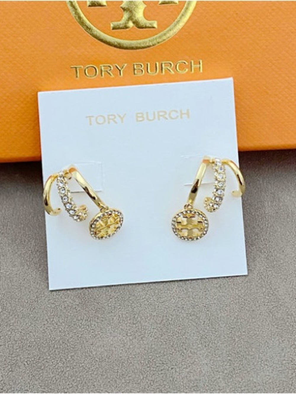 Tory Burch Gold Crystal Double Hoop Logo Earrings